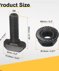 12 Piece Heavy Duty M6 T Slot Drop In Bolts Black Carbon Steel Hammer Head Sliding Screws With Hex Flange Nuts For 30 Series Aluminum Profile Assemblies size dimensions diagram