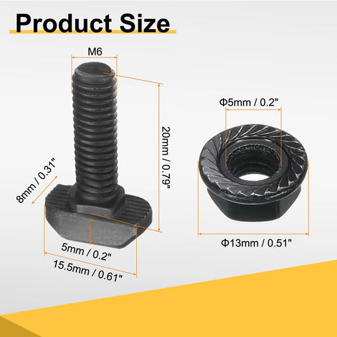12 Piece Heavy Duty M6 T Slot Drop In Bolts Black Carbon Steel Hammer Head Sliding Screws With Hex Flange Nuts For 30 Series Aluminum Profile Assemblies size dimensions diagram