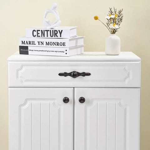 White cabinet with round cabinet knob and back plate in oil rubbed bronze from Round Cabinet Knob With Back Plate Set 20 Pack