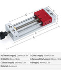 Dimensions of LONGFDX Wood Carving Vise For CNC Engraving Machine with polished rods and aluminum frame.
