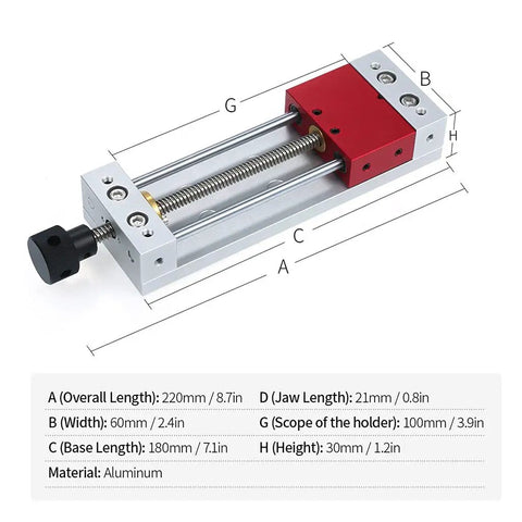 Dimensions of LONGFDX Wood Carving Vise For CNC Engraving Machine with polished rods and aluminum frame.