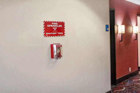 7 In 1 Fire Sprinkler Shutoff Tool Kit With Wall Cabinet Case installed in hallway for quick access fire safety gear