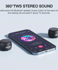 Mini Portable Bluetooth Speaker 5.0 Tiny But Mighty Sound For Outdoor And Indoor Use Ultra Compact Pocket Sized Travel Buddy next to phone