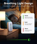 The Real Deal Plug In CO Gas Detector With 10 Year Sealed Battery Plus AC Backup showing gentle breathing LED glow on bedside table.