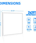 Image showing dimensions and features of the 4 Pack 2x2 Ft LED Flat Panel Ceiling Light Fixture 45W 5800 Lumens 5000K White Dimmable 0-10V Recessed Backlit Office Panel Flicker Free Ultra Bright Energy Saving Commercial Grade ETL Listed.