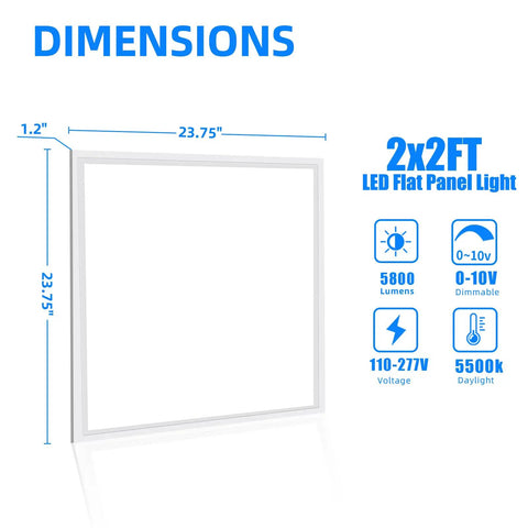 Image showing dimensions and features of the 4 Pack 2x2 Ft LED Flat Panel Ceiling Light Fixture 45W 5800 Lumens 5000K White Dimmable 0-10V Recessed Backlit Office Panel Flicker Free Ultra Bright Energy Saving Commercial Grade ETL Listed.