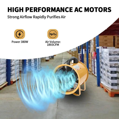Beefy 10 Inch High Velocity Industrial Blower Fan with 16 Feet Duct Hose in a warehouse, showcasing airflow and AC motor features.