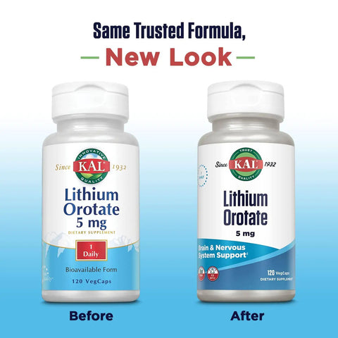 Lithium Orotate 5 Mg Supplement For Mood Support And Chill Chelated Mineral Formula With Organic Rice Bran Base 120 VegCaps bottles before and after design