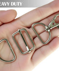 Heavy Duty One Inch Swivel Snap Hooks For Keys And Gear Sixty Pack Dang Solid Steel Clips shown in hand, metal clips with various shapes.