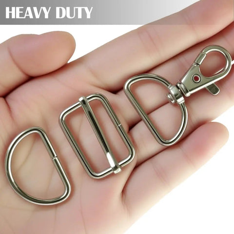 Heavy Duty One Inch Swivel Snap Hooks For Keys And Gear Sixty Pack Dang Solid Steel Clips shown in hand, metal clips with various shapes.