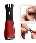 Premium Stainless Steel Line Cutter for Fishing with Ergonomic Handle shown with red grips and hook demonstrations.