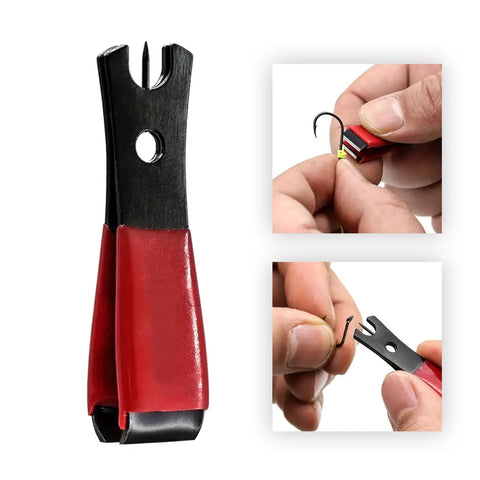 Premium Stainless Steel Line Cutter for Fishing with Ergonomic Handle shown with red grips and hook demonstrations.