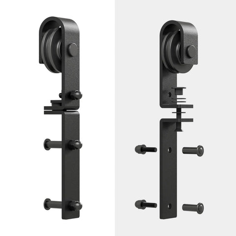 Bi Folding Barn Sliding Door Roller Kit With J Shape Rollers Hardware Only Pair Of Heavy Duty Rollers And Accessories For Barn Doors No Door No Guide Rail No Manual, side view.