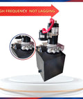 Portable 12V Hydraulic Power Unit For Car Lifts And Dump Trailers displayed on a white platform with a black pump body.