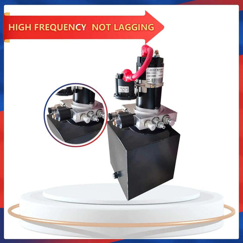 Portable 12V Hydraulic Power Unit For Car Lifts And Dump Trailers displayed on a white platform with a black pump body.