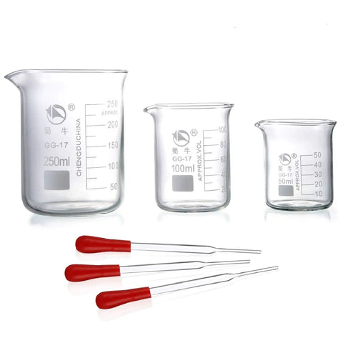 Low Form Glass Beaker Set With Droppers 3 Graduated Borosilicate Beakers In 250ml 100ml 50ml With Clear Scales 3 Glass Droppers 3ml Each