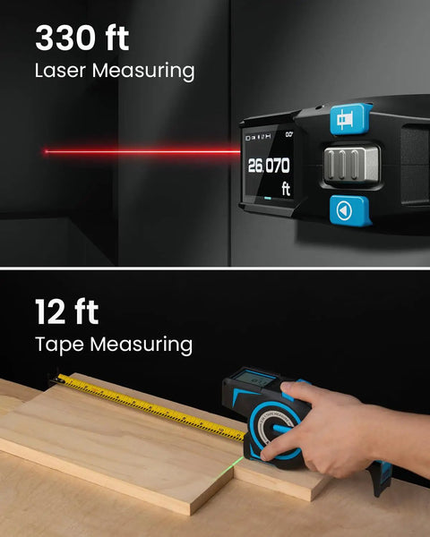 Digital Tape Measure With 12ft Tape And 330ft Laser Distance Meter Pro Grade Precision 1.5mm Dual Tape And Laser Measuring Tool For DIY Projects On Site Readouts Fast Accurate Measurements For Builders And Handypersons, black plastic body