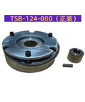 Electromagnetic power-off brake TSB-124-080 DC99V, front view; three-piece set including brake housing, splined gear, and key.