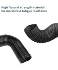 Flexible 2.5 Inch Dust Collection Hose with Left Spiral Design, shown bent to demonstrate expandability and strength.