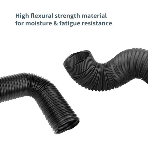 Flexible 2.5 Inch Dust Collection Hose with Left Spiral Design, shown bent to demonstrate expandability and strength.