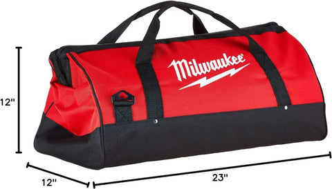 Canvas Tool Bag With Strap, Heavy Duty Jobsite Gear Organizer, 23x12x12 Inch, Reinforced Handles And Bottom, red with black base.