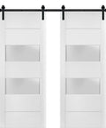 Double Barn Door Set 84 by 96 Inches With Frosted Glass 2 Lite Panels, White Silk Finish doors with top mount hardware shown
