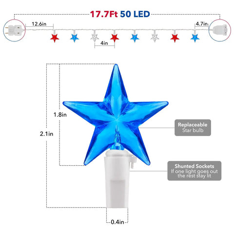 Lit Fourth Of July Decor Red White Blue Stars String Lights 17Ft 50 LED Waterproof Connectable Patriotic Fairy Lights