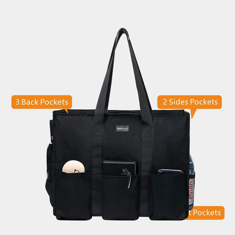 Water Resistant Tote Bag With 13 Pockets, Top Zipper, Thick Bottom Support, 17 x 13.5 x 7 Inches, Durable Outdoor Polyester