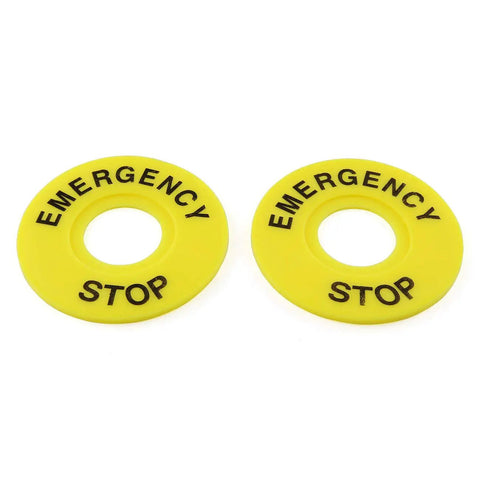 Yellow emergency stop labels for 2 Pack Emergency Stop Push Button Switch DPST 1NO 1NC, 660V AC, 10A, Red Mushroom Cap, Self Lock, 22mm Mounting Hole.