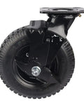 Easy Breezy Eight Inch Pneumatic Rubber Wheel With Side Brake And Flanged Track Caster, side view showing black steel mounting.