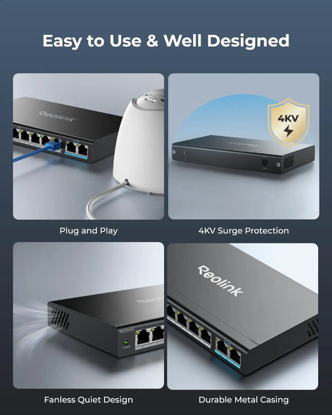 Eight PoE Ports Network Switch With Two Gigabit Uplinks For IP Cameras And NVR, IEEE 802.3af and 802.3at, metal casing, desk mount