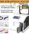 Dead Simple Automatic Twist Tie Machine With Five Shiny Gold Metallic Wire Rolls showing cable ties, control panel, and bundling setup.
