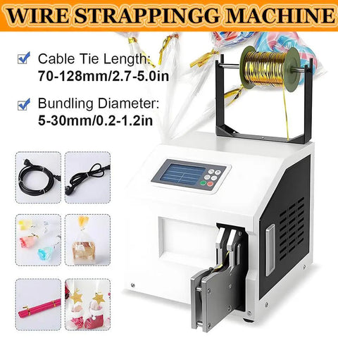 Dead Simple Automatic Twist Tie Machine With Five Shiny Gold Metallic Wire Rolls showing cable ties, control panel, and bundling setup.