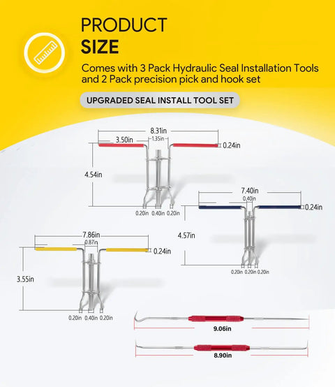 5 Pack Hydraulic Seal Installation Tool Kit For Rod And U Cup Seals; diagram with tool measurements and pick and hook set.