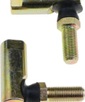 Two Pack Three Eighths Inch Ball Joint Tie Rod End Replacement For Lawn Tractors And Mowers With Tough Crimped Construction Upgrade, Fits Standard Three Eighths Inch Threads. Two gold metal tie rod ends with black ball joints and threaded studs.