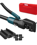 Beefed Up Hydraulic Crimping Tool With 9 Dies For One Eighth Inch Stainless Steel Cable Railing Kit And Twelve To Two Zero AWG Battery Cable Wire Rope Crimp Tool CT28 shown with dies and red case