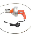 Straight Shooter Power Vee Drain Cleaning Machine With Heavy Duty Wire Spring Auger, shown from the side with power cord.