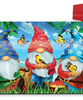 Gnome Sweet Gnome Spring Mailbox Cover For Standard Steel Mailboxes 6.5 X 19 In Weatherproof Vinyl With Magnetic Strips, gnomes holding birds and butterflies.