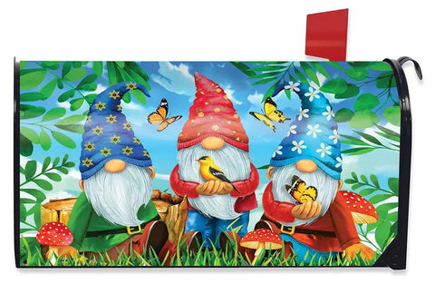 Gnome Sweet Gnome Spring Mailbox Cover For Standard Steel Mailboxes 6.5 X 19 In Weatherproof Vinyl With Magnetic Strips, gnomes holding birds and butterflies.