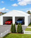 Tough As Nails Heavy Gauge Metal Garage Barn Shed With Reinforced Steel Frame For Rv Pickup Truck Atvs Boat Lawn Mower Garden Tools And Backyard Storage Setup housing a red and blue vehicle.