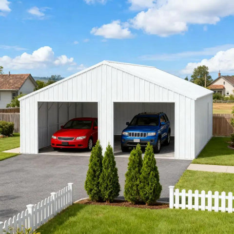 Tough As Nails Heavy Gauge Metal Garage Barn Shed With Reinforced Steel Frame For Rv Pickup Truck Atvs Boat Lawn Mower Garden Tools And Backyard Storage Setup housing a red and blue vehicle.