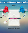Washer Water Inlet Valve Replacement For Whirlpool Amana Crosley Maytag W11101906 with dimensions and ABS build visible.