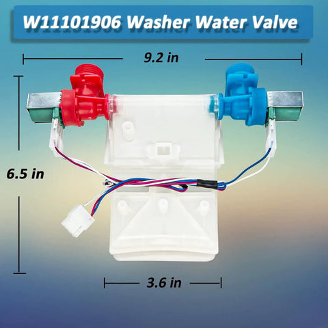 Washer Water Inlet Valve Replacement For Whirlpool Amana Crosley Maytag W11101906 with dimensions and ABS build visible.