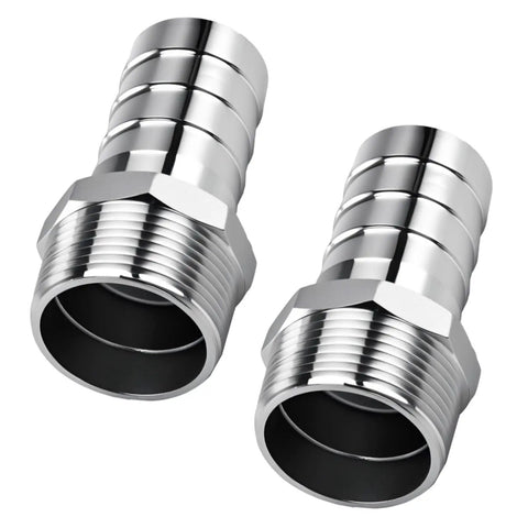 Two Pack Stainless Steel 1-1/4 Inch NPT Male Hose Barb Fittings Connectors for water air and gas lines, barbed 1-1/4 inch to NPT male.