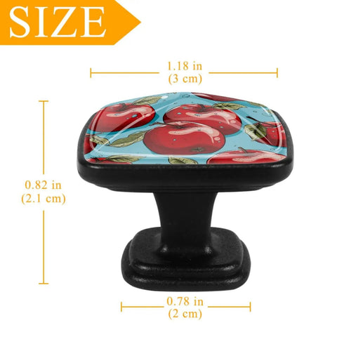Red Fruit Glass Cabinet Knobs Set Of Four Featuring Bold Square Shapes And Smooth Edges Ideal For Kitchen Drawers And Dressers Built From Tough Abs Plus Real Glass With No Sweat Installation To Add A Badass Vintage Vibe Your Home Deserves, showing dimensions of a single knob.