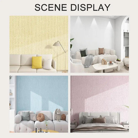 Four different room displays featuring Super Solid 5Mm Self Adhesive Thermal Wallpaper With Ixpe Insulation And Realistic 3d Linen Texture Easy Peel Stick Wall Covering To Kick Up Your Bedroom Or Bath Space Pink Roll.