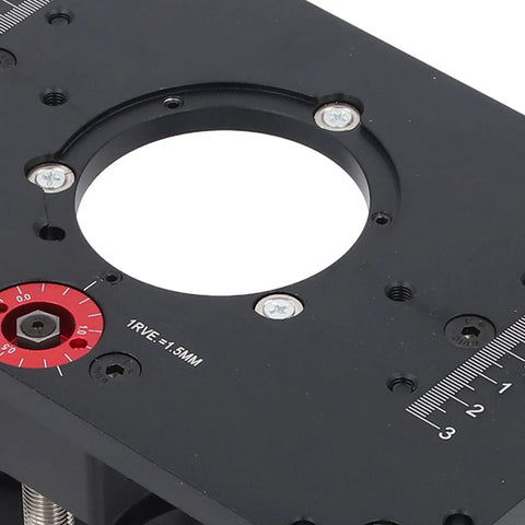 Close-up of Heavy Duty Electric Router Table Lift System Built With Premium Aluminum Alloy, featuring fine-tuning dial and precision markings.