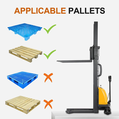 Heavy-Duty Semi-Electric Stacker Pallet Lift With 3300 Lbs Capacity And 118 Inch Reach Height, showing applicable pallet types.