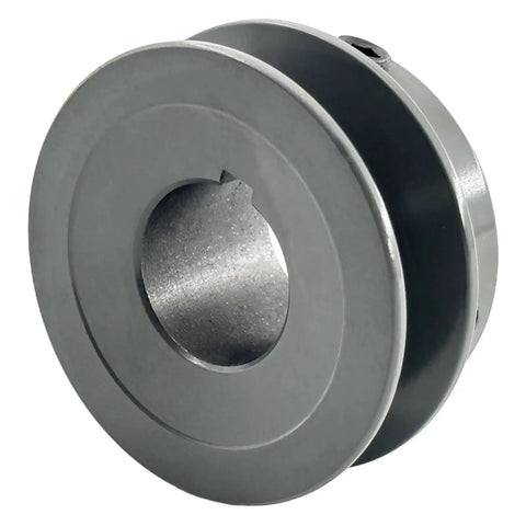 Heavy Duty Cast Iron V Belt Pulley With Seven Eighths Inch Bore And Two Point Two Inch Outside Diameter One Groove For A Three L And Four L Belts Beefy Motor Pulley With Seven Eighths Shaft And Standard Keyseat Three Sixteenths By Three Thirtyseconds, side view showing groove and bore