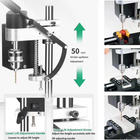 Portable Benchtop Drill Press With Cnc 775 Motor And Flexible Shaft showing 50mm stroke adjustment mechanism for precise drilling.